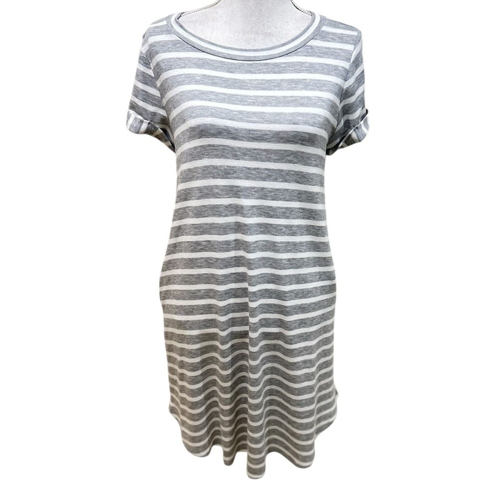 Emerald Gray & White Striped short cuff sleeve dress pockets back buttons small